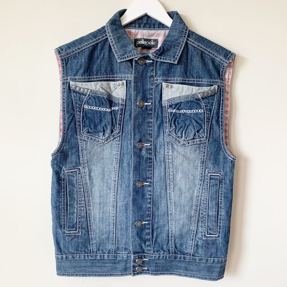 Vintage Y2K Pelle Pelle Jean Vest Size M Denim Acid Wash Flannel Lined Skull